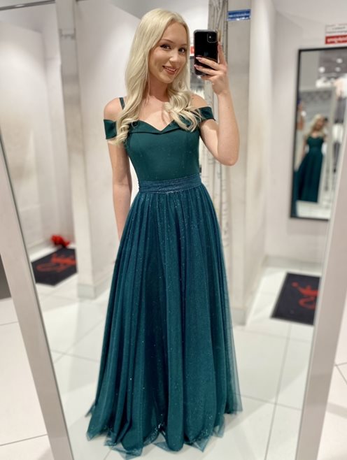 Sukienka długa hiszpanka z tiulem połysk zielona