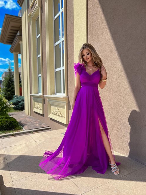 Długa sukienka ramiączka falbana fiolet