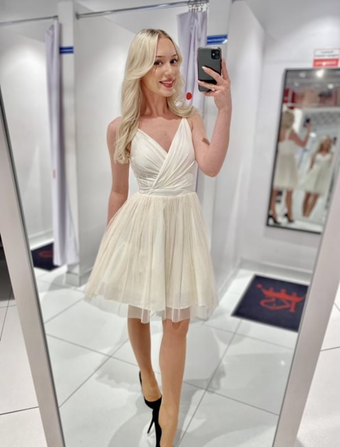 Sukienka krótka błysk na ramiączkach ecru