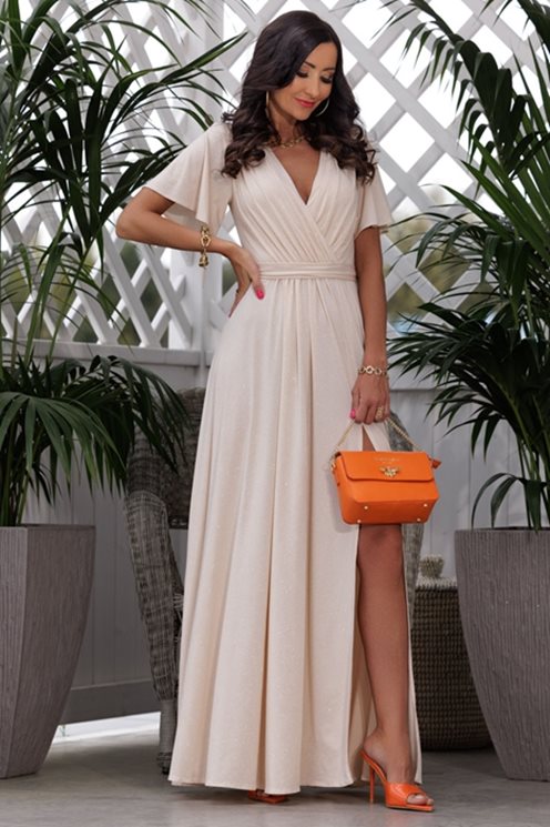 Sukienka długa z rękawkiem i gumką beż