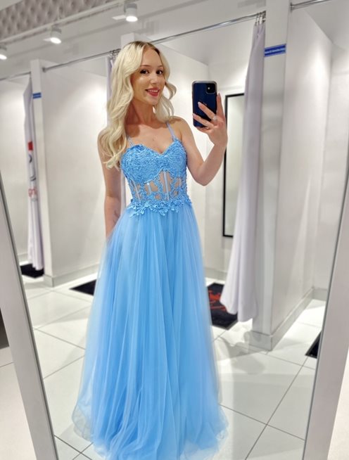 Sukienka długa gorset koraliki ramiączka błękit