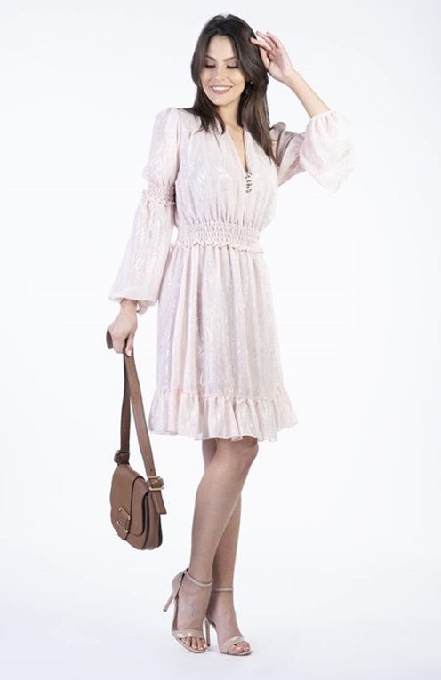 Sukienka krótka rękawek złote guziki beż