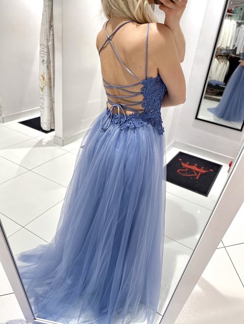 sukienka długa tiul koronka górą niebieski