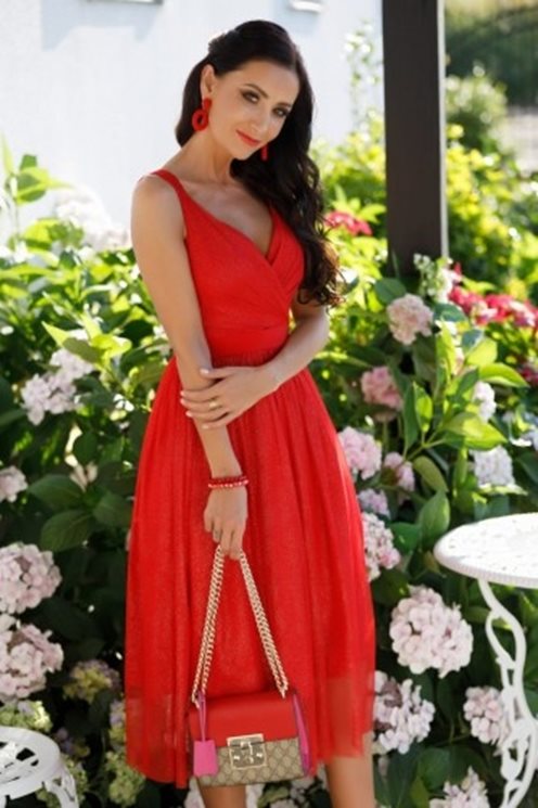 Sukienka brokat tiulowy dół 7/8 czerwona