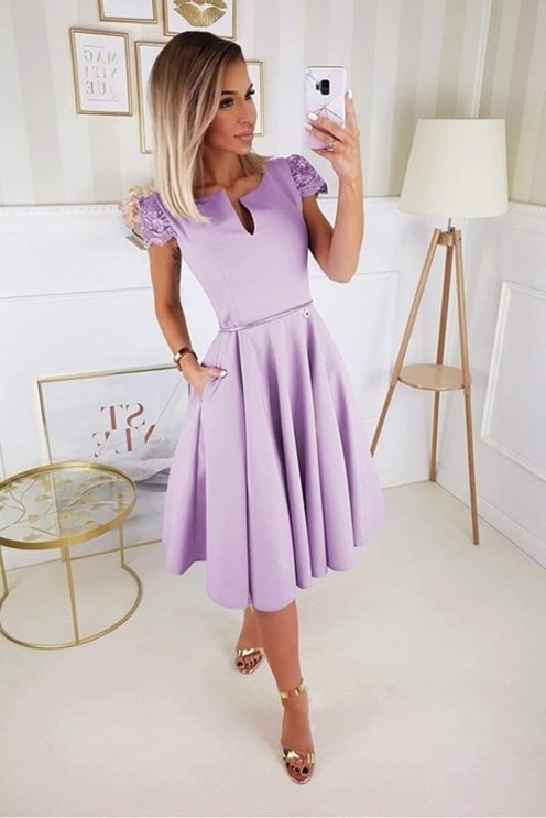 Sukienka za kolano rękawek koronka fiolet