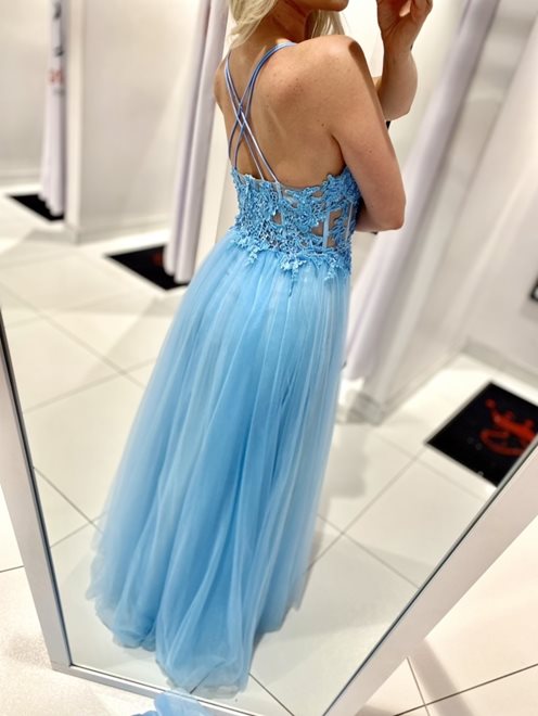 Sukienka długa gorset koraliki ramiączka błękit