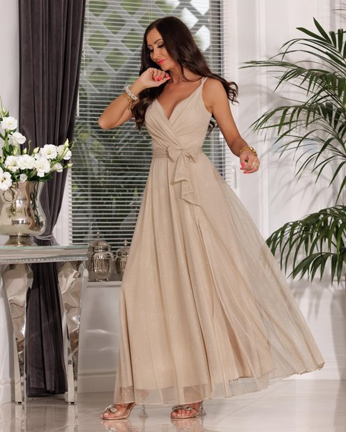 Sukienka długa prosta z tiulem błysk beż