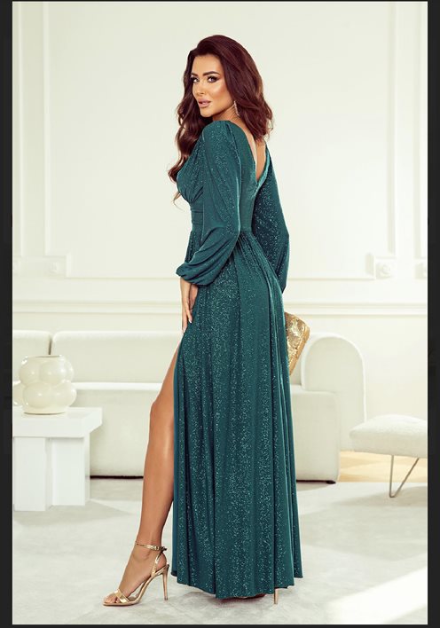 Sukienka długa brokat odcięcie długi rękaw zieleń