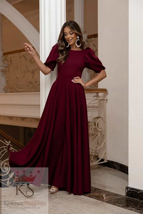 Sukienka długa bufiaste rękawki bordo