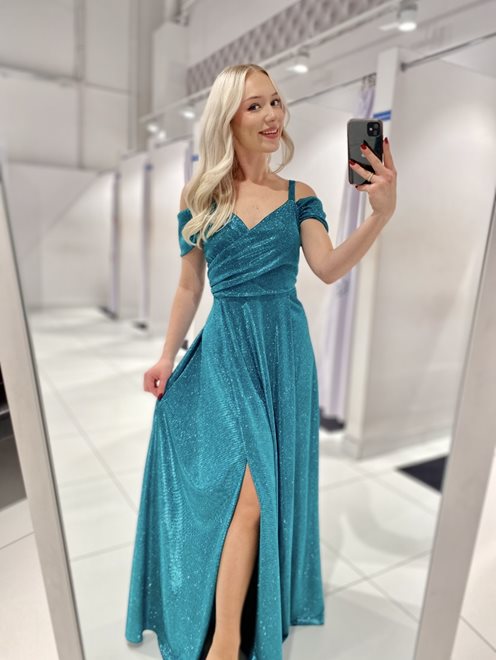 Sukienka długa opadające ramiona brokat turkus