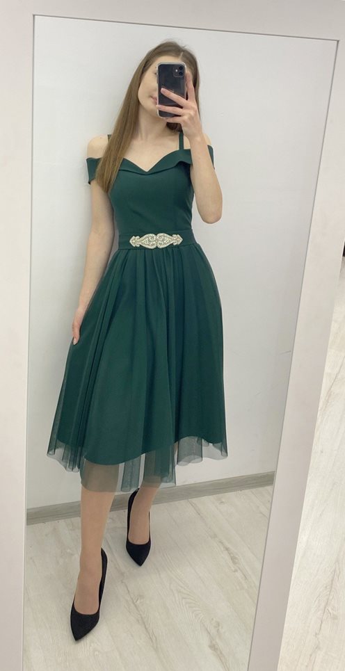 Sukienka midi hiszpanka z tiulem zieleń