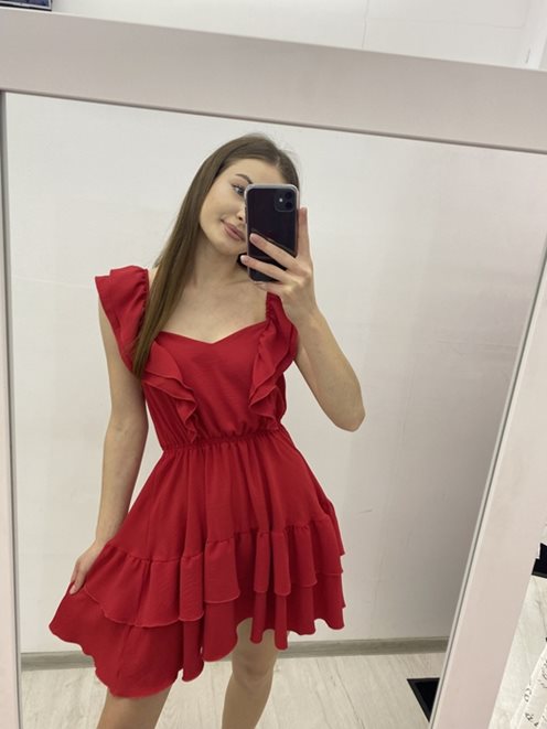 Sukienka krótka z 2 falbankami matowa czerwony