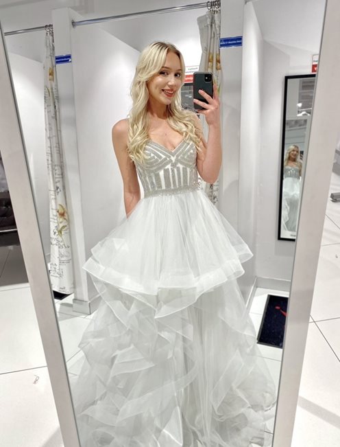 Sukienka długa gorset cyrkonie falbany biel