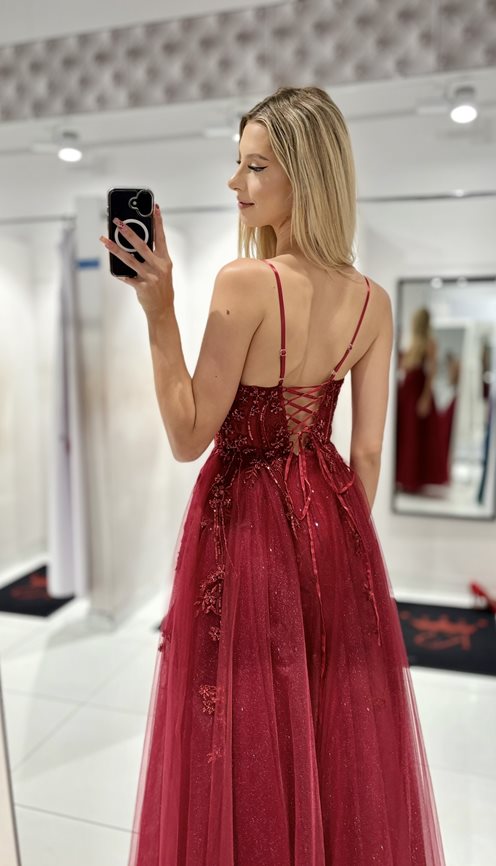 Sukienka długa gorset kwiaty haft brokat bordo