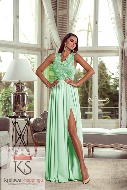 Sukienka długa koronkowy dekolt turkus