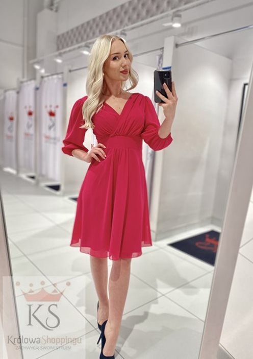 Sukienka krótka szyfonowa rękaw pas malina