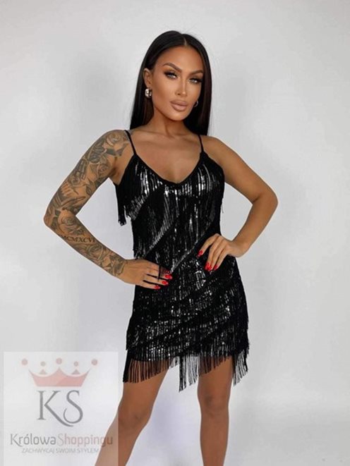 Sukienka krótka na ramiączkach frędzle czerń