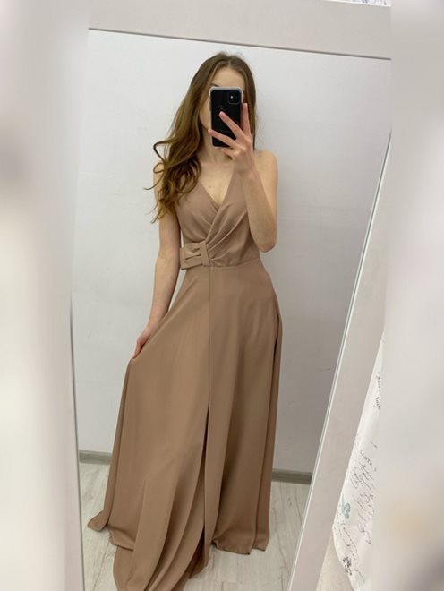 Sukienka prosta zakładka pod biustem cappucino