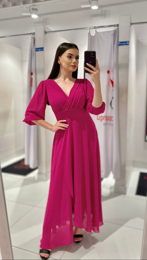 Sukienka długa zwiewna szyfon rękaw 3/4 fuksja