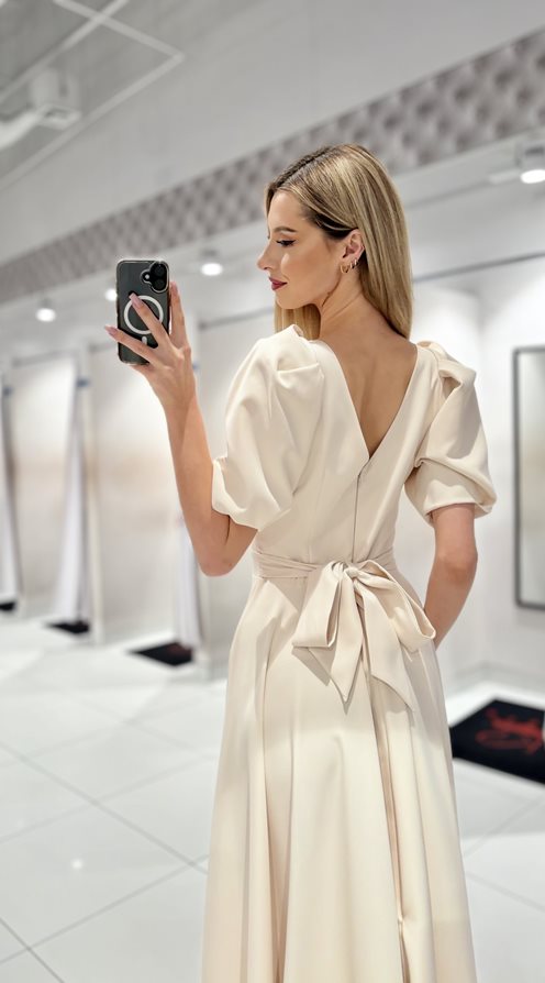 Sukienka długa bufiaste rękawki ecru