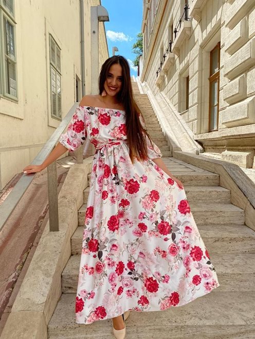 Sukienka długa hiszpanka wzór kwiaty biel