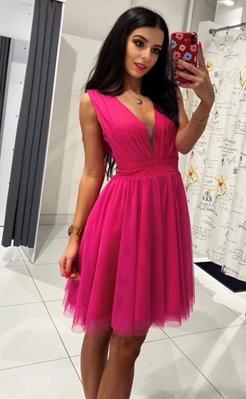 sukienka krótka odcina ozdobny dekolt amarant