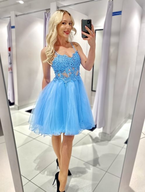 Sukienka krótka gorset koraliki ramiączka błękit