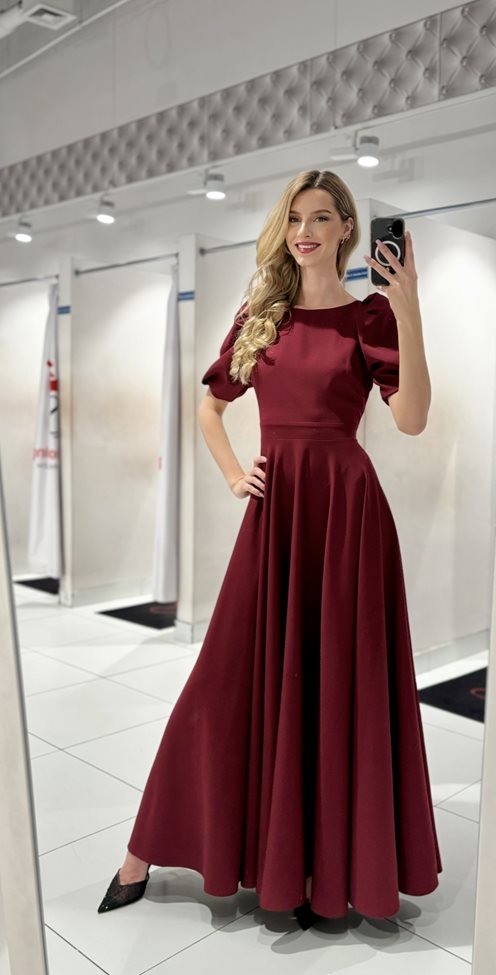 Sukienka długa bufiaste rękawki bordo