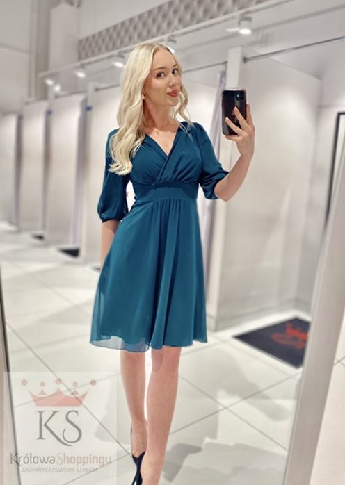 Sukienka krótka szyfonowa rękaw pas zieleń