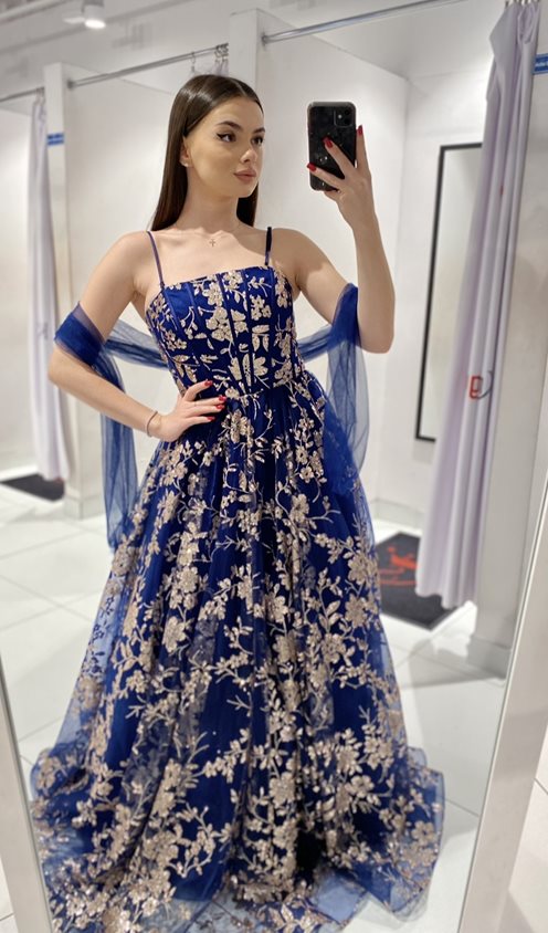 Sukienka długa tiulowa zdobiona brokatem granat