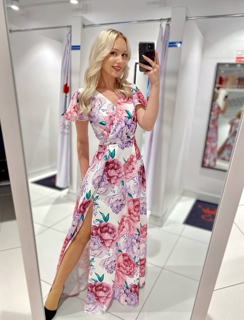 Sukienka długa rękawek print kwiaty róż