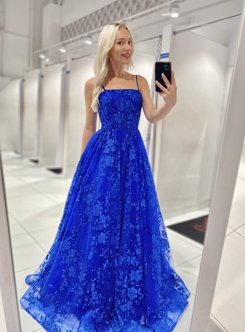 Sukienka długa tiulowa zdobiona brokatem chaber