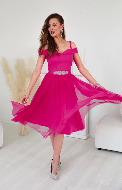 Sukienka midi hiszpanka z tiulem amarant