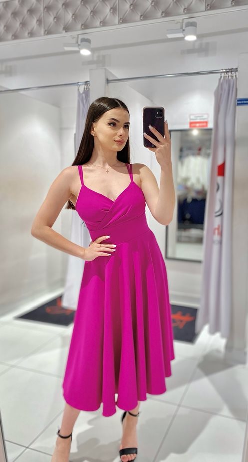 Sukienka midi ramiączka dekolt na zakładkę fiolet