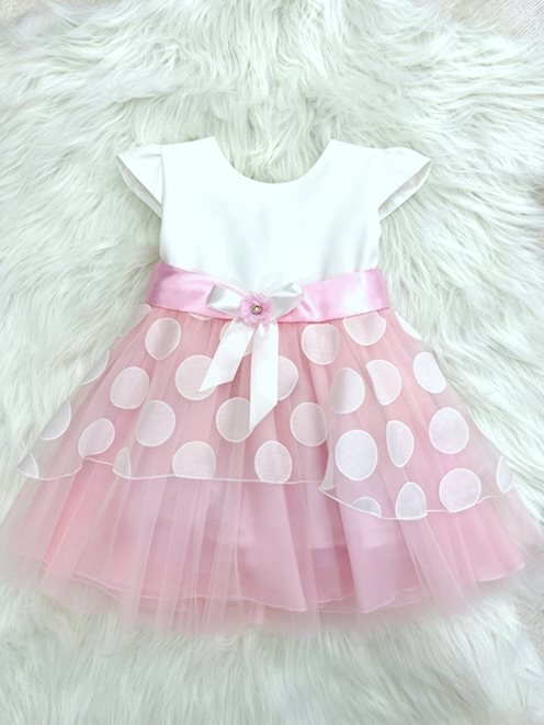 Sukienka dziecięca wzór grochy biel-róż