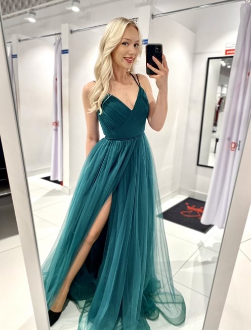 Sukienka długa tiulowa marszczona z przodu zieleń