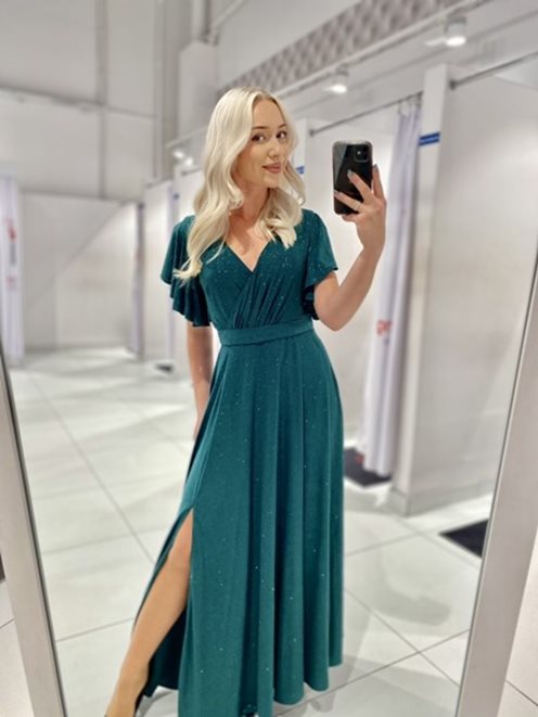 Długa sukienka rękawek brokat zieleń