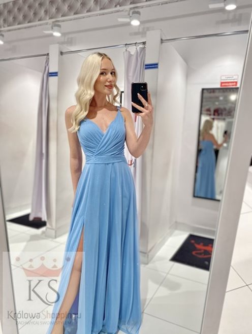 Sukienka długa prosta z tiulem błysk błękit