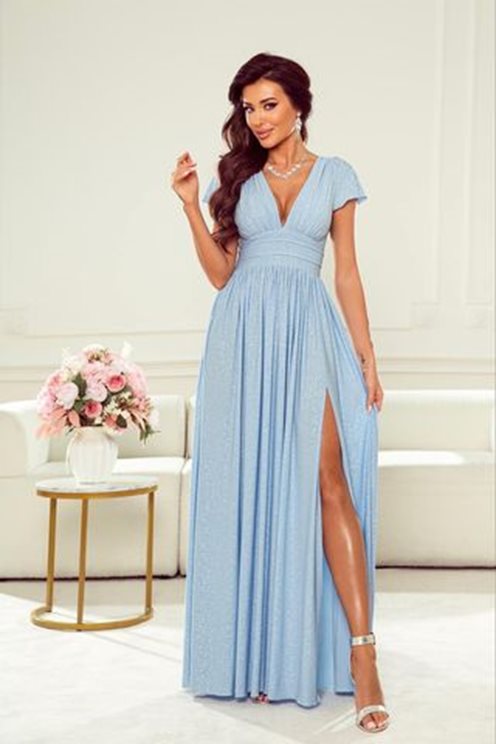 Sukienka długa brokat odcięcie i rękawek błękit