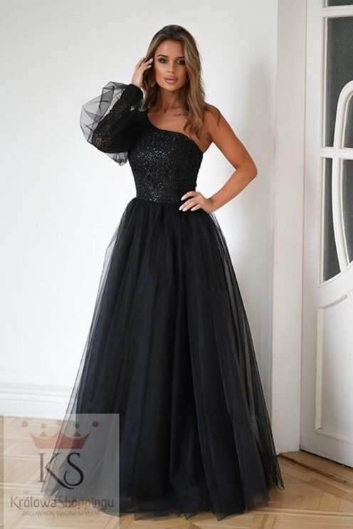Długa sukienka na jedno ramię tiul czarny