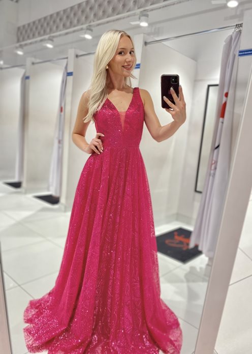 sukienka długa cała brokatowa fuksja