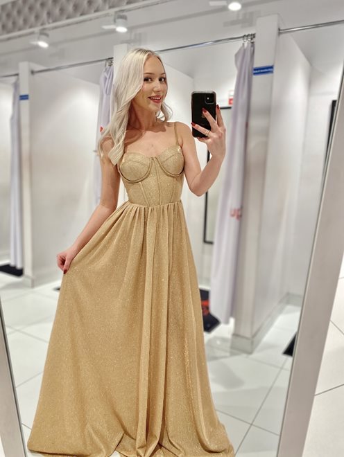 Sukienka długa gorsetowa brokat wiązana złoto