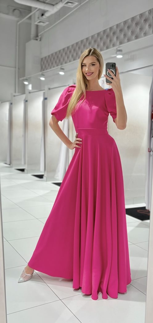 Sukienka długa bufiaste rękawki magenta