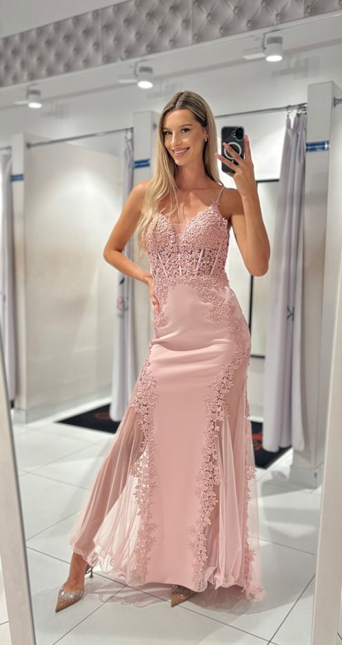 Sukienka długa syrenka zdobiona gorset tiul p.róż