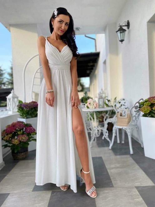 Długa sukienka na ramiączka brokat ecru