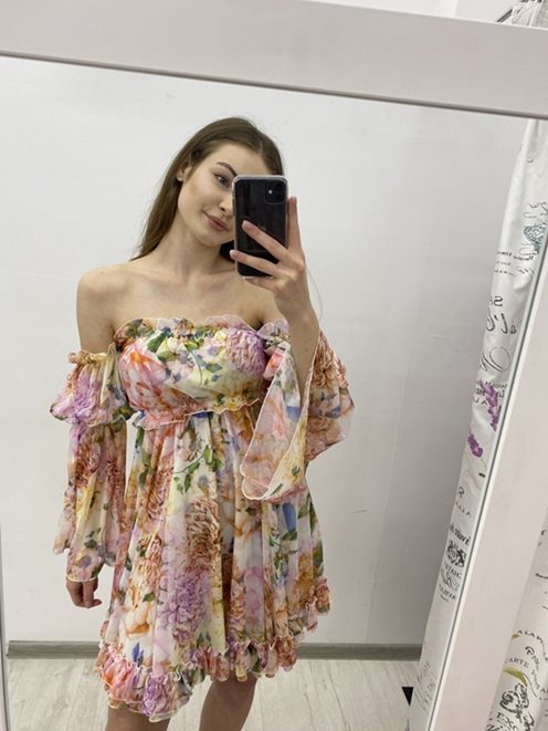 Sukienka hiszpanka z długim rękawem kwiaty fiolet