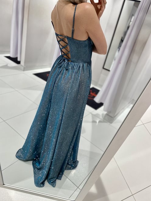 Sukienka długa gorsetowa brokat wiązana niebieski