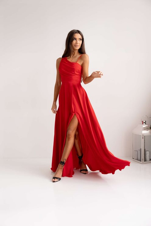 Sukienka długa asymetryczne wiązanie czerwień