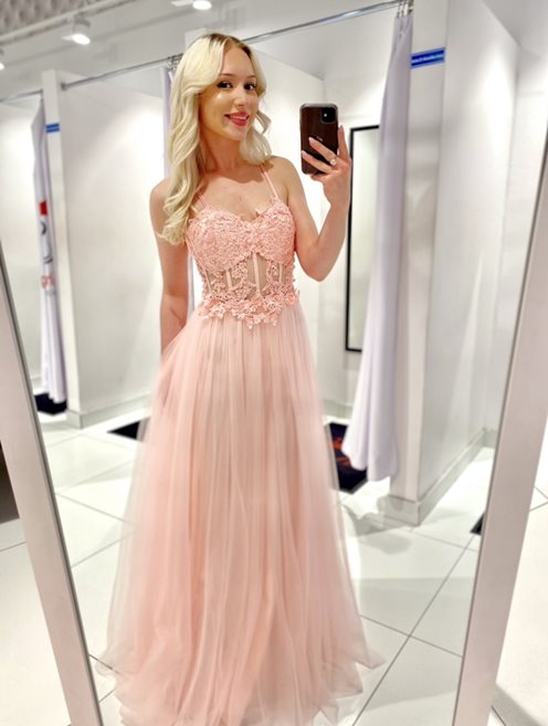 Sukienka długa gorset koraliki ramiączka róż