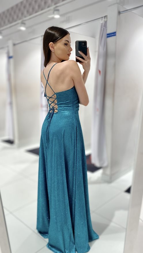 Sukienka długa na ramiączkach wiązana brokat ziele